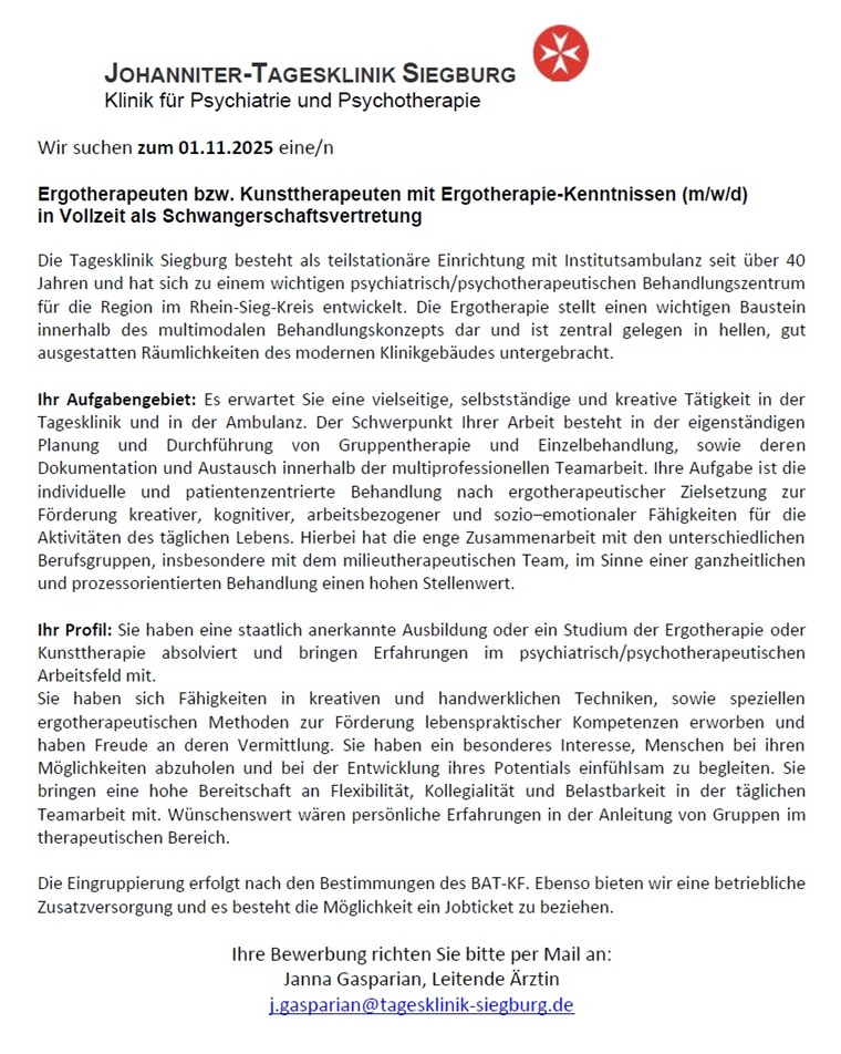 Ergotherapeuten bzw. Kunsttherapeuten mit Ergotherapie-Kenntnissen (m/w/d) in Vollzeit als Schwangerschaftsvertretung, Johanniter-Tagesklinik Siegburg gGmbH, 53721 Siegburg 
